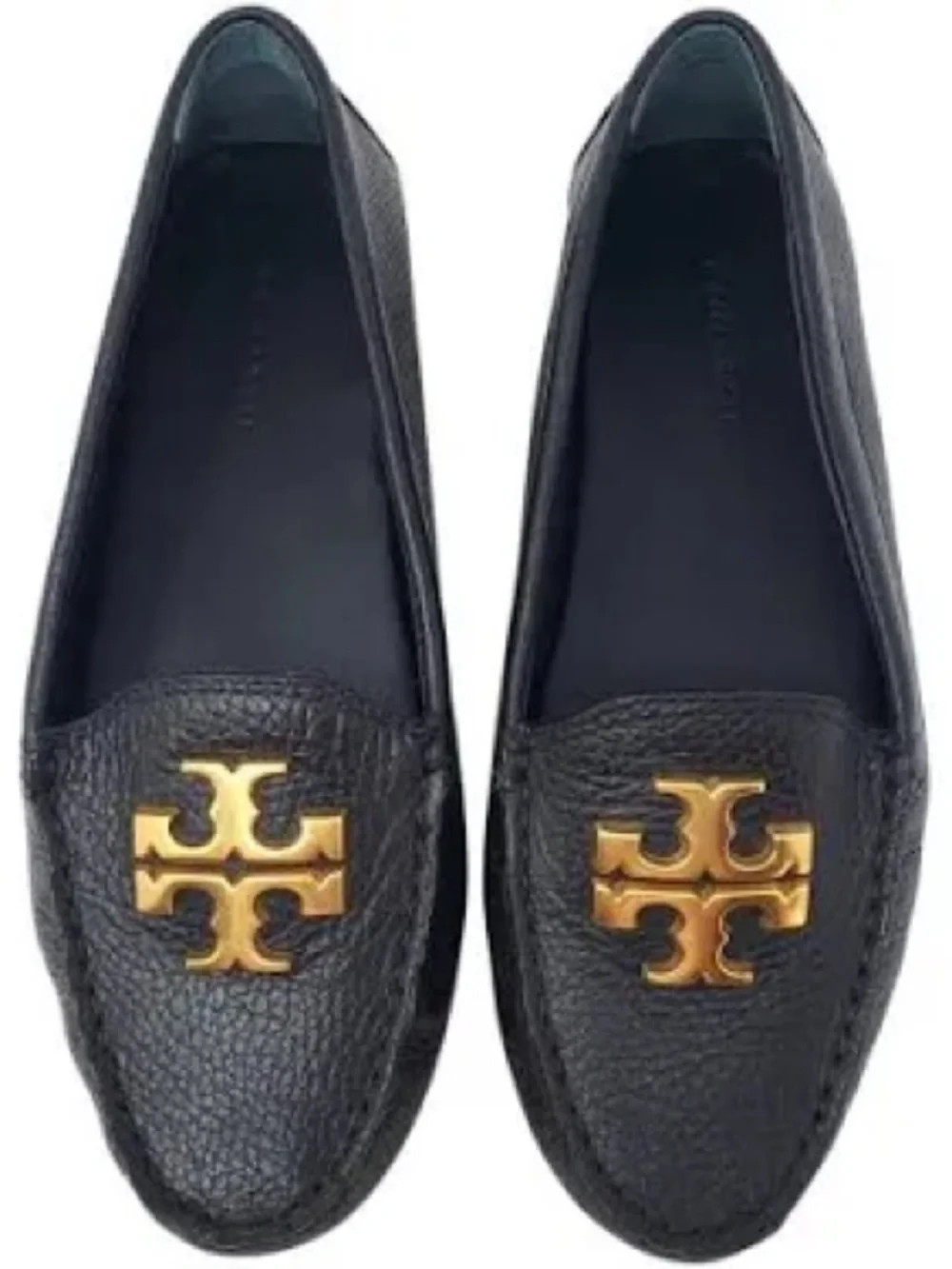Like New Tory Burch Black Leather Loafers with Gold Logo Plaques